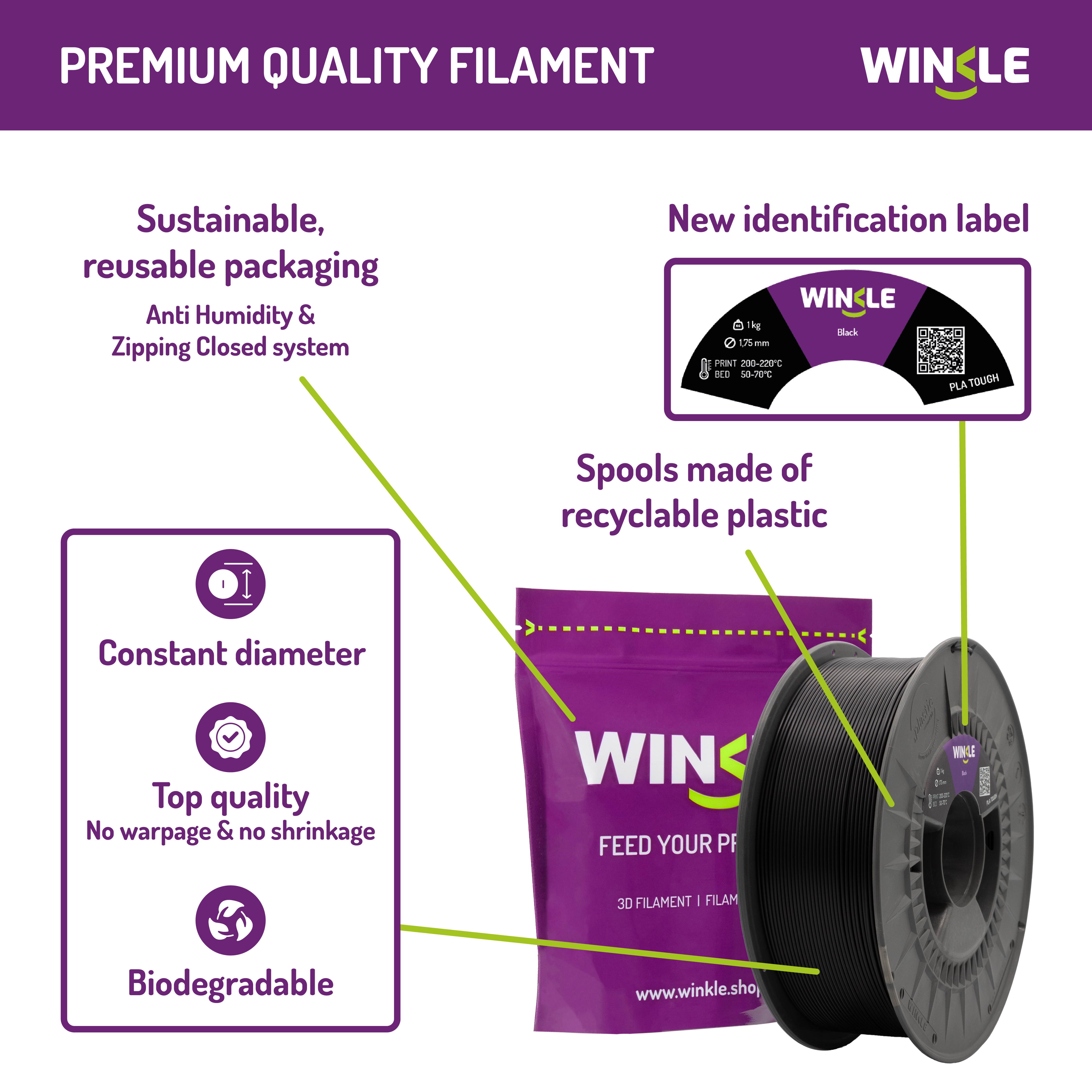 PLA-HD WINKLE 1.75 MM PURPURA BRILLANTE (SHINY PURPLE) 300GR